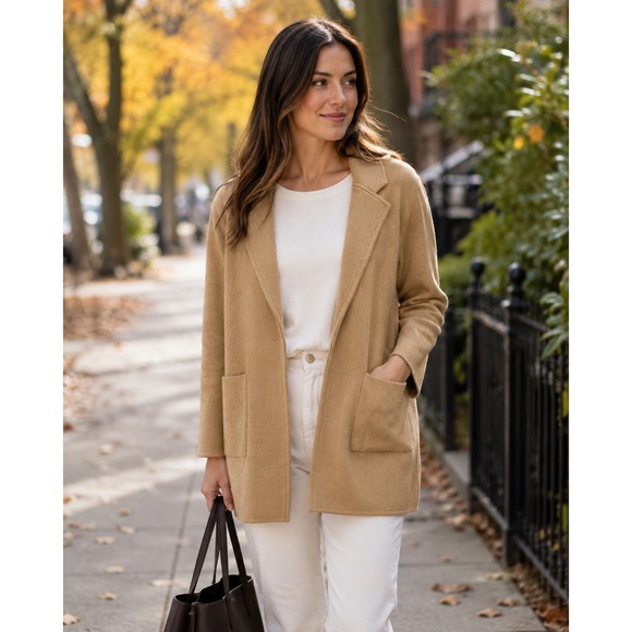 Quince Jackets & Blazers - Quince 100% Organic Cotton Knit Blazer Camel Brown Size Medium Open Pockets